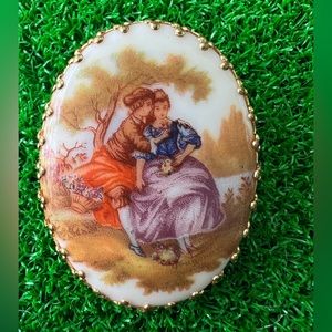 Vintage Scarf Clip Brooch w/ Ring Courting Couple on Porcelain Renaissan…
